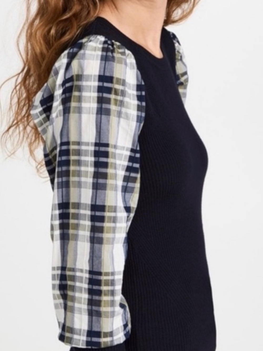 Veronica Beard Leila Navy Sweater with Plaid Puff Sleeves S